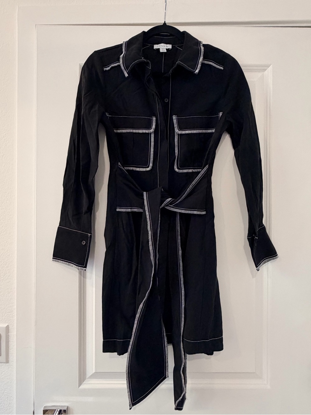 Topshop Black Long-Sleeve Shirt Dress with White Contrast Stitching and Self-Tie
